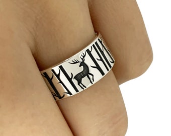 Deer in the Forest Band Ring, Nature Band Ring, Silver Band Ring, Deer Ring, Deer Jewelry, Wedding Band Ring, Home, Landscape Ring