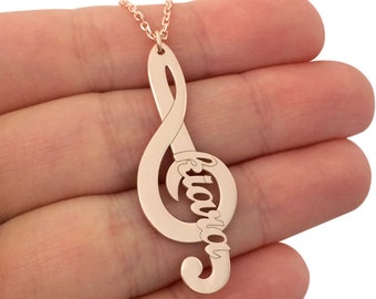 Treble Clef with Name Necklace, Silver Name Necklace, Treble Clef Necklace, Music Necklace, Custom Nameplate Necklace, Name Jewelry