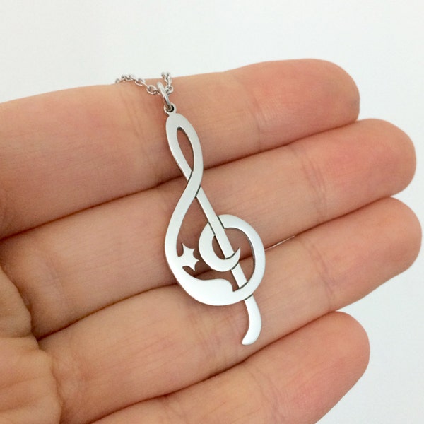 Cat and Treble Clef Necklace in Sterling Silver Metal, Silver Cat Necklace, Treble Clef Necklace, Cat Pendant, Music Jewelry, Christmas Gift