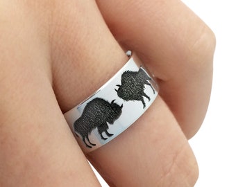 Buffalo Silver Band Ring, Animal Band Ring, Buffalo Ring, Buffalo Jewelry, Wedding Band Ring, American Ring, Silver Wedding Ring