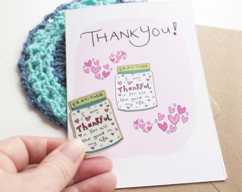 Thankyou card with wooden pin badge gift - letterbox gift - wooden pin badges - gift and card set