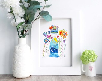 A4 print Colorful flower lady A4 -unmounted and unframed - Inspiring wall art - WFH inspiration - pretty wall art - encouraging wall art