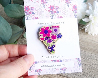 Bouquet of flowers wooden pin badge - wooden pin badge -  Thankyou gift - letterbox gift - Teacher Gift - Mothers Day gift