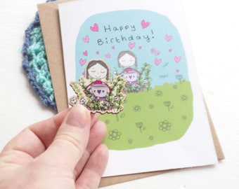 Pretty birthday card with wooden pin badge gift - letterbox gift - wooden pin badges - gift and card set