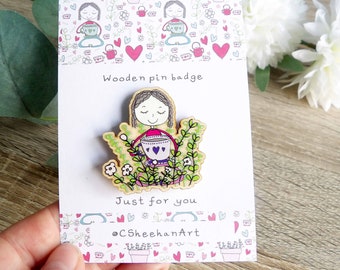 Meditating girl with tea wooden pin badge - wooden pin badge -  Thankyou gift - letterbox gift - Teacher Gift