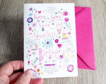 Birthday card for her - pretty birthday card - a6 card blank inside - illustrated birthday card girls, mum, sister friend