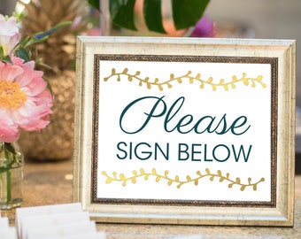 Bridal Shower Wedding Printable Guestbook Sign | Please Sign Below Poster | Instant Digital Download | Gold Navy Wedding