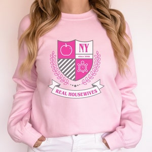 RHONY Crest Crewneck Sweatshirt | Pale Hot Pink Magenta White Text | Bravo Fan, Gift for Women, Reality TV Tops, Varsity Style Shirt