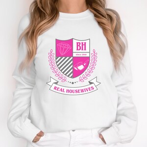 RHOBH Crest White Crewneck Sweatshirt | Bravo Fan, Gift for Women, Reality TV Tops, Varsity Style Shirt