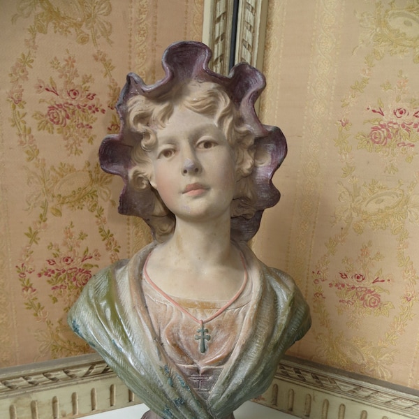 Stunning Antique French Plaster Bust/ Country Maiden In Bonnet/ Circa 1900/ Signée F Citti/ Buste Femme Croix De Lorraine.