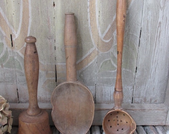 Collection of 3 Antique French Wooden Hand Crafted Cooking Utensils Rustic Decoration.