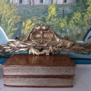 May include: A gold-colored, ornate decorative piece with a leaf and shell design, resting above a two-tiered, rectangular box with a textured, aged appearance. The background features a painted landscape.