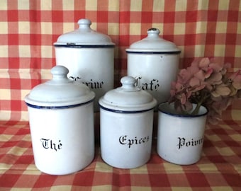 Set of 5 French Enamel 1930/40s White & Blue Nesting Kitchen Containers.
