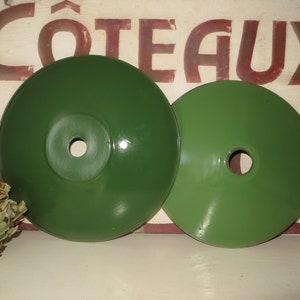 Price for Two (2) Matching French Green & White Vintage Enamel Lampshades/ Industrial/ Farmhouse/Enamelware/Café Shades/1920/30s