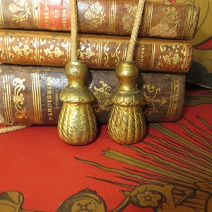 Op de afbeelding: Twee goudkleurige kwastjes met een touw aan elk. De kwastjes liggen op een stapel antieke boeken met gouden letters en decoratieve ontwerpen.