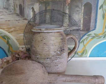 Trio of French Rustic Items/Stoneware Jar/ Wire Stand/Wooden Spoon/Circa Mid 1800s