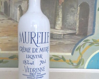 Vintage French Stoneware Liquor Bottle. Crème de Mure/Blackberry Liqueur/Cream/1950s