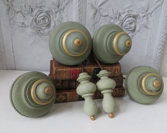 Complete Set of French Antique Curtain/Drape Wooden Hold Backs/Rod End Finials/ Plus a Pair of Pulls.
