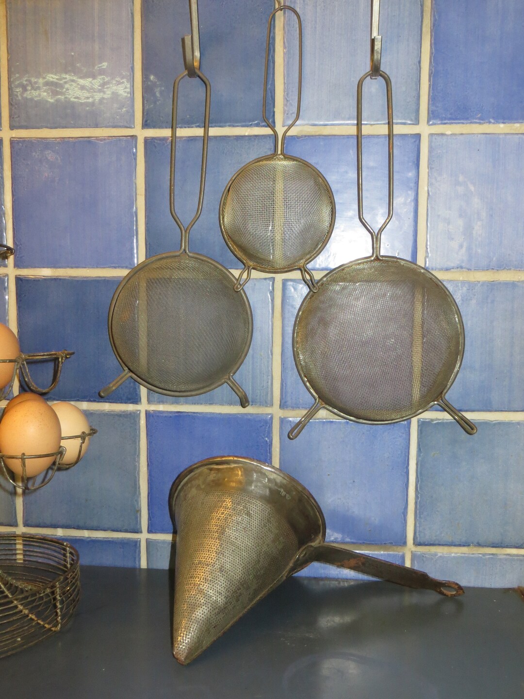 Set of 4 French Vintage Metal Sieves/ Strainers French Cuisine Décor