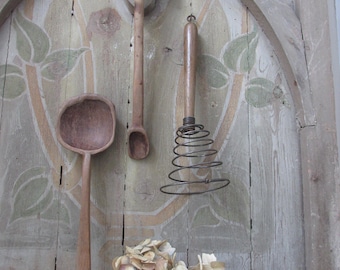 Collection of 3 Antique French Wooden Hand Crafted Cooking Utensils/ Rustic Decoration.