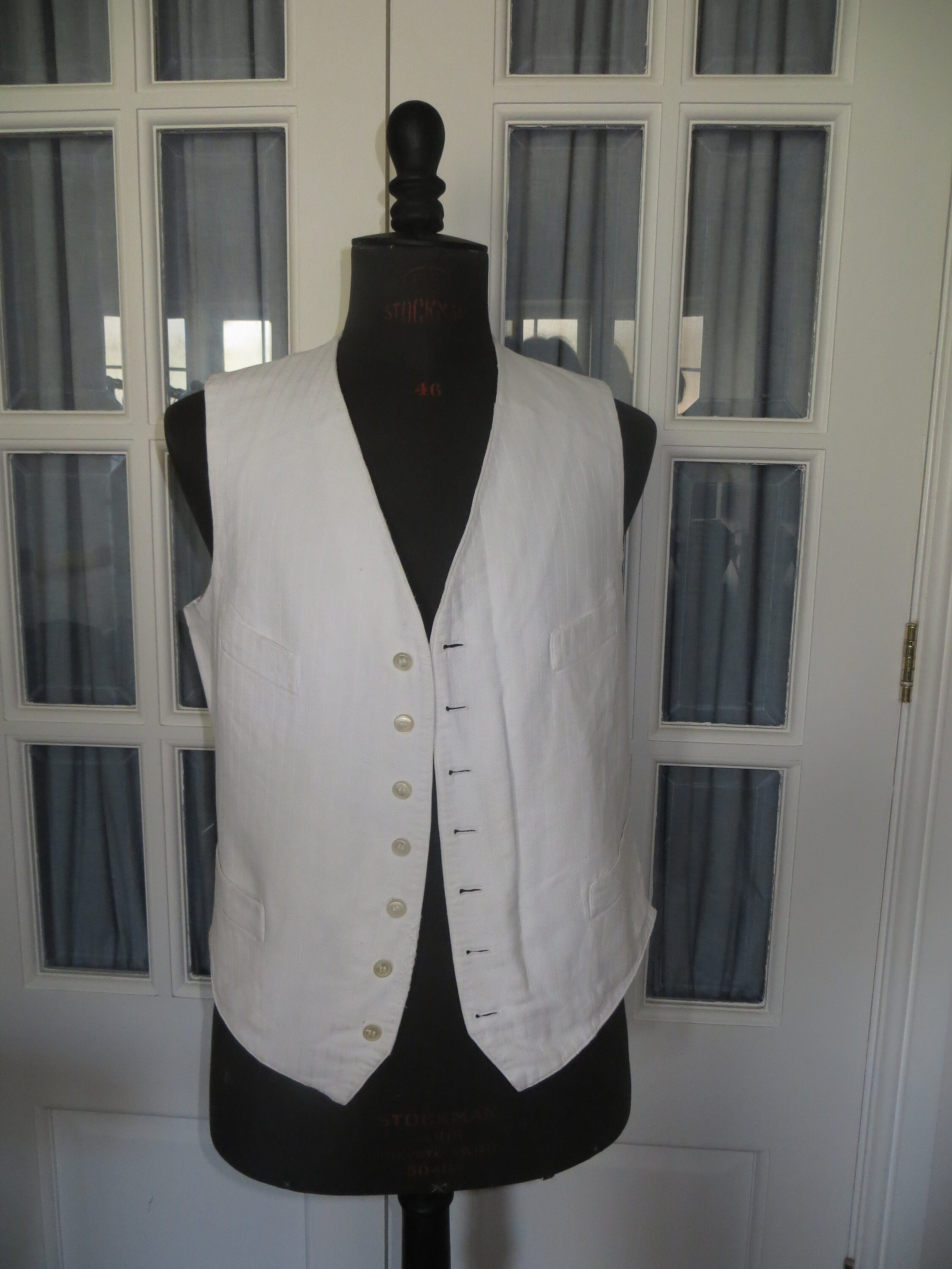 Image of French Vintage White Cotton Twill Waistcoat/Parisian Chic/