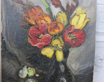 French Mid-Century Oil Painting/Flowers & Chicks