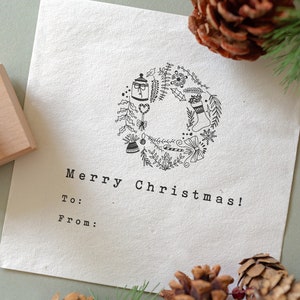 Merry Christmas Wreath Rubber Stamp, Eco-friendly Rubber Stamp