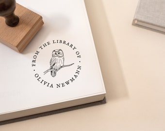 Custom Owl Book Stamp,  Eco Reclaimed Oak Stamp or Self-inking Stamp, 40mm - 1.5"