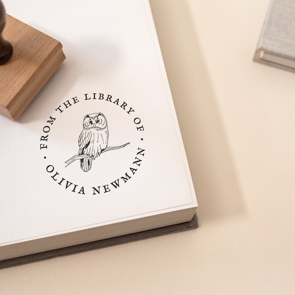 Custom Owl Ex Libris Stamp,  Eco Reclaimed Oak Stamp