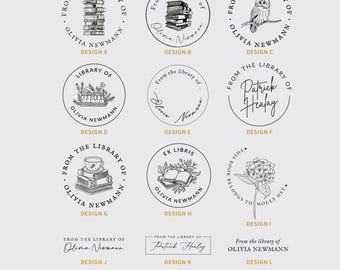 Personlig bibliotekspräglare, personlig bokpräglare, ex libris-sigill med flera designer