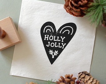 Holly Jolly Christmas Heart Rubber Stamp - Eco-Friendly Holiday Card Making