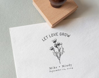 Custom Wedding Stamp, Let Love Grow Stamp, Wildflower Seed Stamp, Eco reclaimed Oak Stamp