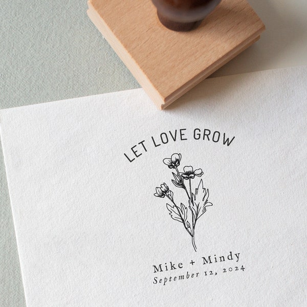 Sello de boda personalizado, sello Let Love Grow, sello de semillas de flores silvestres, sello de roble ecológico recuperado