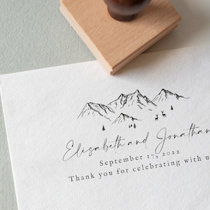 Sello de boda de montaña personalizado, favor de boda para invitados, sello de madera, sello de goma ecológico