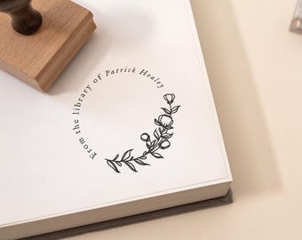 Flower Library Stamp: Custom Ex Libris, Reclaimed Oak