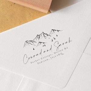 Mountain Return Address Stamp, Mountain Wedding Stamp, Wedding Invitations Stamp, Eco Reclaimed Oak Stamp, Self Inking Stamp