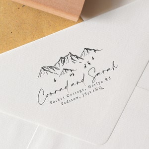 Stempel berg retouradres, stempel berghuwelijk, stempel huwelijksuitnodigingen, stempel eco teruggewonnen eiken, zelfinktende stempel