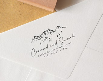 Mountain Return Address Stamp, Mountain Wedding Stamp, Wedding Invitations Stamp, Eco Reclaimed Oak Stamp, Self Inking Stamp