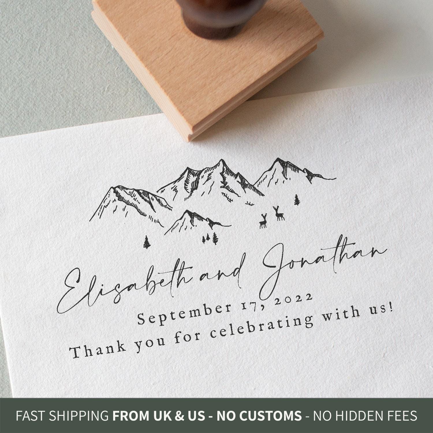 Mountain Wedding Stamp With Names and Date - Adventurous Wedding