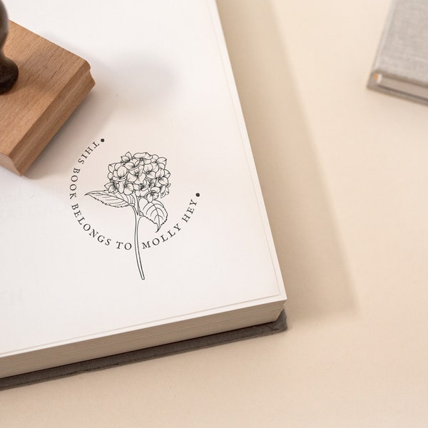 Hydrangea Ex Libris Rubber Stamp, Custom Book Stamp, Eco Reclaimed Oak Stamp