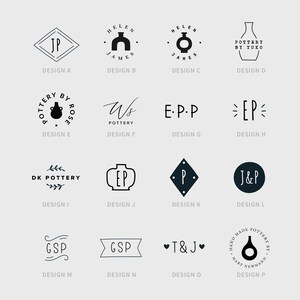 Op de afbeelding: Een verzameling van 16 verschillende logo-ontwerpen voor pottenbakkerijen. De logo's hebben verschillende stijlen, waaronder minimalistisch, handgetekend en geometrisch. Sommige logo's bevatten de namen van de bedrijven, terwijl andere initialen of symbolen gebruiken.