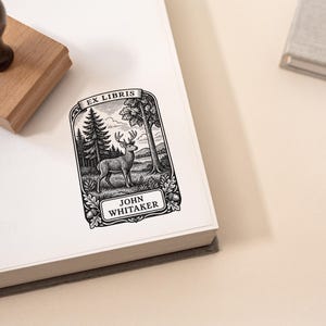 Tampon Ex Libris personnalisé • Ex-libris renard des bois et cerf • Tampon de bibliothèque en caoutchouc ou auto-encreur • Tampon de livre forestier personnalisé pour les lecteurs