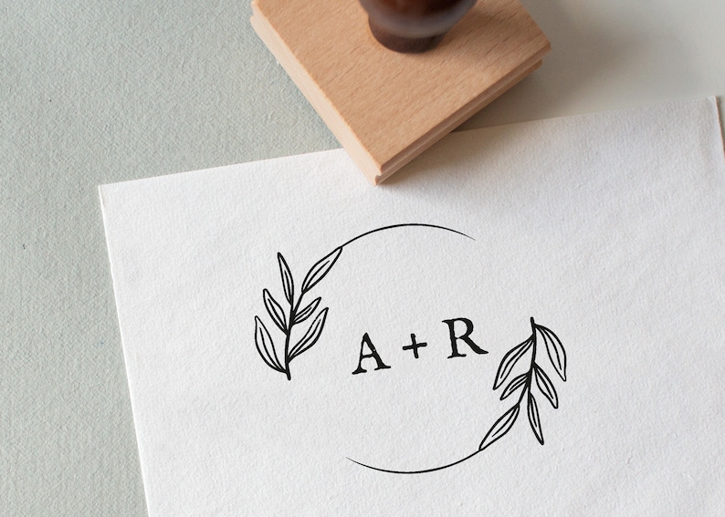 Wedding Logo Stamp, Wedding Favor Stamp, Custom Wedding Gift Stamp, Wedding Invitation Stamp, Laurel Wreath Wedding Stamp, Engagement Gift image 1