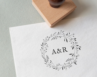 Floral Wreath Custom Wedding Stamp, Eco Reclaimed Oak Stamp