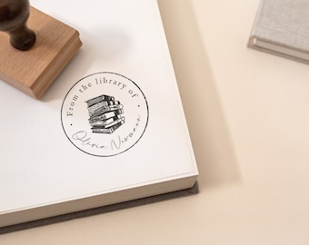 Personalized Book Stamp with a stack of books illustration, Library Stamp made from Reclaimed Oak
