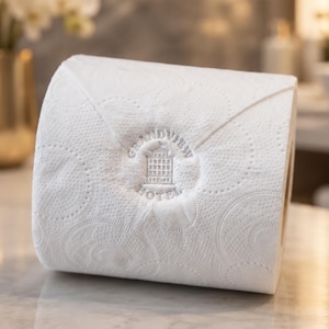 May include: A white toilet paper roll featuring an embossed circular logo in the centre. The logo depicts a building illustration with the text GRANDVIEW HOTEL arched around it. The paper has a repeating circular texture pattern throughout the surface.