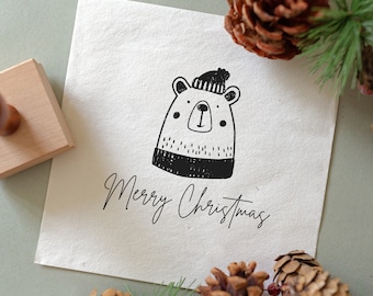 Merry Christmas Rubber Stamp, Bear Stamp, Eco-friendly Rubber Stamp