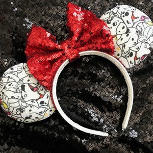 Dalmatian Minnie Ears | 101 Dalmatians Disney Ears with Red Sequin Bow | Puppy Print Mouse Ears | Handmade Park Headband | Cruella-Inspired