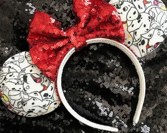 Dalmatian Minnie Ears | 101 Dalmatians Disney Ears with Red Sequin Bow | Puppy Print Mouse Ears | Handmade Park Headband | Cruella-Inspired