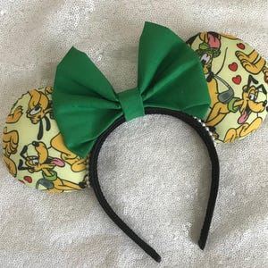 Pluto Minnie Ears | Disney Dog Ears with Green Bow | Handmade Pluto Mouse Ears | Park Ready Headband | Classic Character Disney Ears